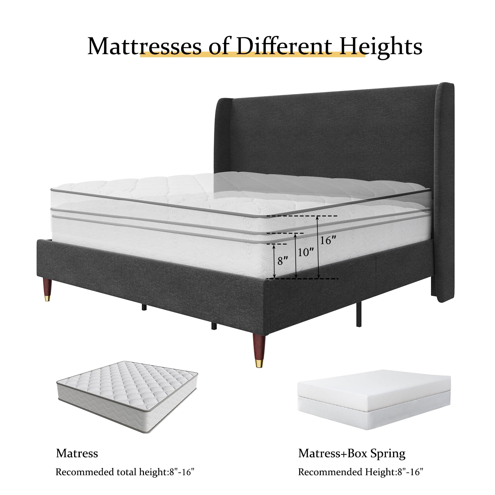 Merluxy 51.2" King Bed Frame with High Headboard,Upholstered Bed,Dark Grey