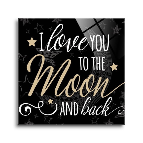 Love You Moon Back Black Moon Stars 12 x 12 Glass Wall Hanging Sign