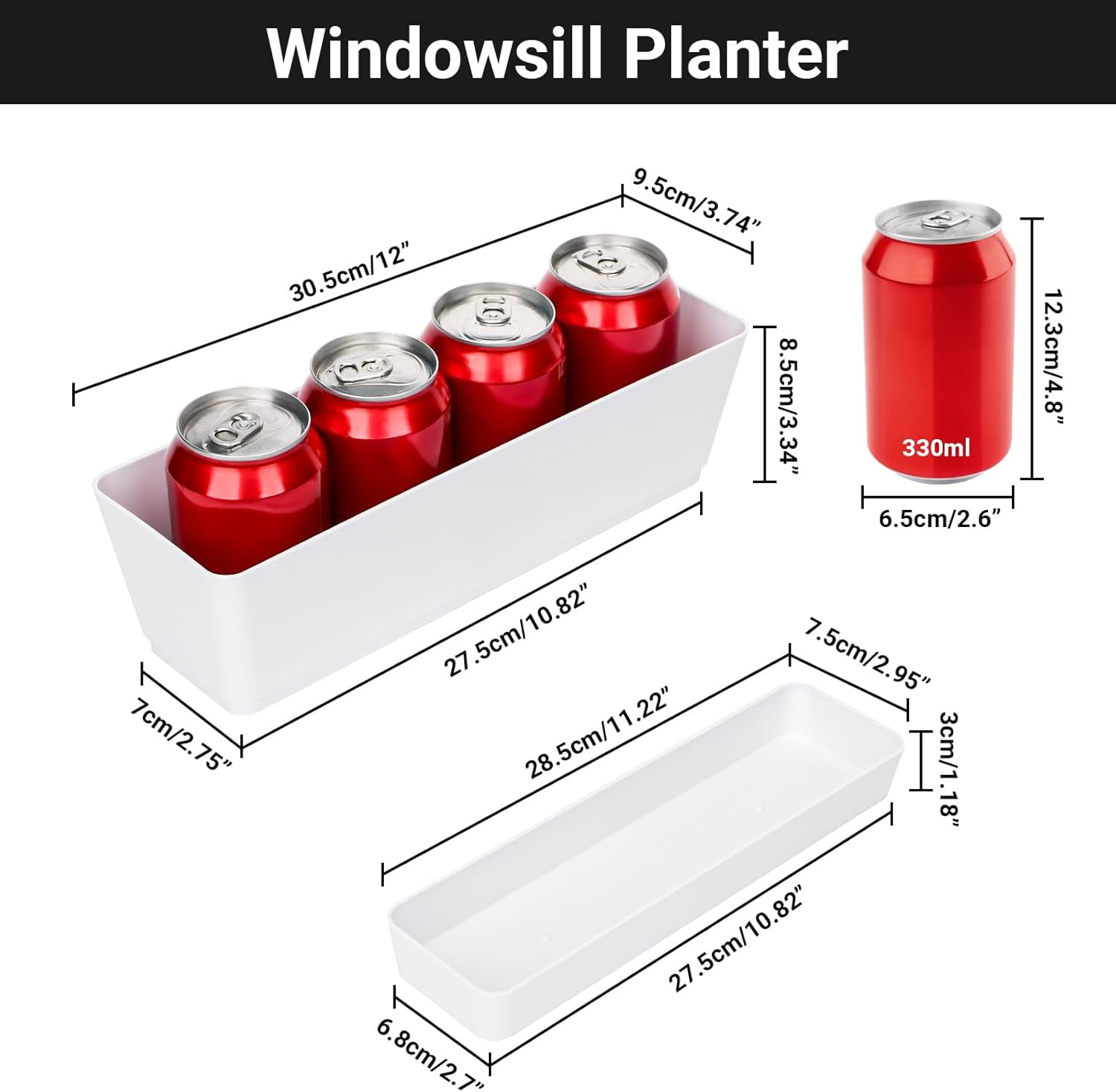 Herb Planter with Tray, 1 Pack 12x3.8 Inch Rectangle Window Box, Indoor Succulent Flowers Succulent Plastic Pot for Windowsill, Garden, Balcony, Office Outdoor Decoration - White