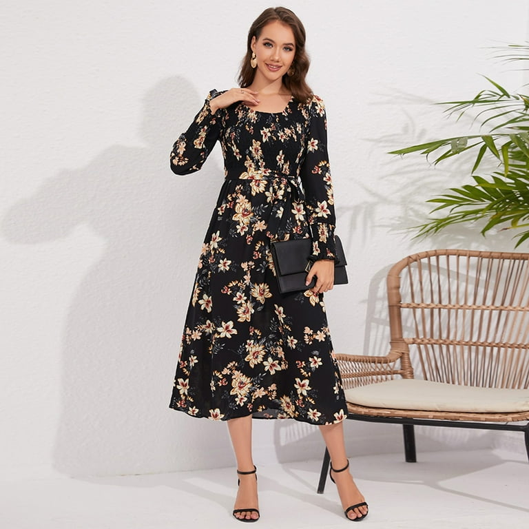 white christmas dresses SHEIN Mulvari Front Lace Up Long Sleeve Pleated All-Over Print Maxi Ca |  Dress main image 0