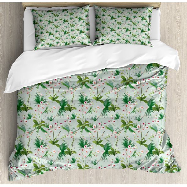 Orchids Duvet Cover Set King Size, Meadow Style Floral Branches