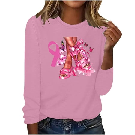 Abomasnow Breast Cancer Shirts for Women Pink Ribbon Print Sweatshirt Cancer Fight Awareness Shirt Casual Fall Fashon Long Sleeve Blouse Tops