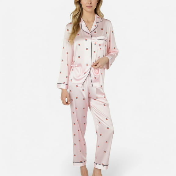 Lounge Women's Satin Long Sleeve Pajama Set with Mini Bow Print Button-Up Top and Chest Pocket - Large, Pink