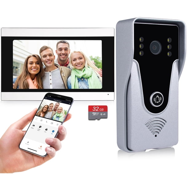 Sistema inalámbrico de intercomunicación con timbre con vídeo IP, monitor WiFi de 7 pulgadas con cámara de puerta HD de metal (alimentación por cable), videoportero con grabación de tarjeta 32G, aplic