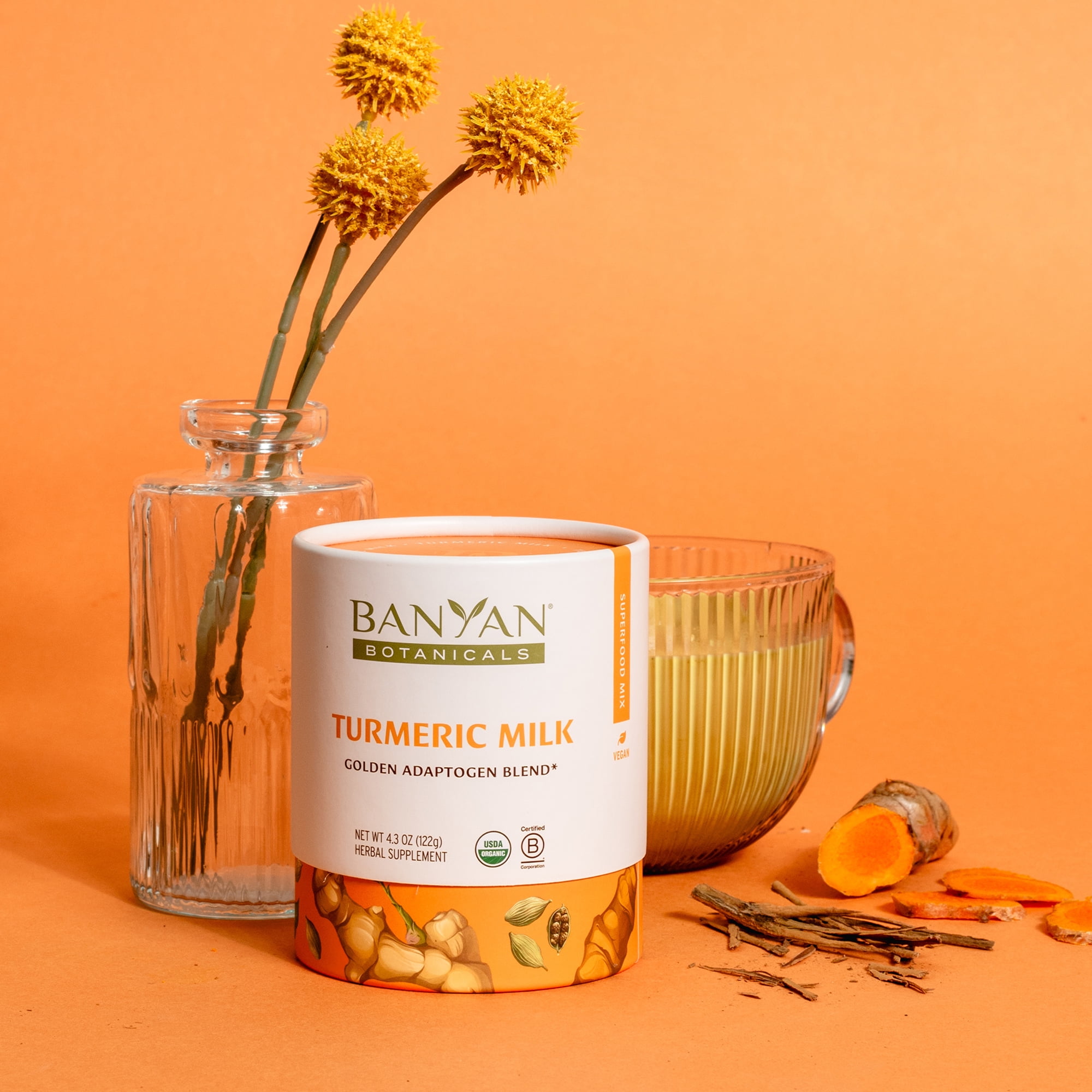 Banyan Botanicals Turmeric Milk – Organic Turmeric Latte Mix with Ashwagandha & Cardamom – Instant Caffeine Free Golden Milk Sweetened with Maple Sugar – 4.3 oz –Non GMO Sustainably Sourced Vegan
