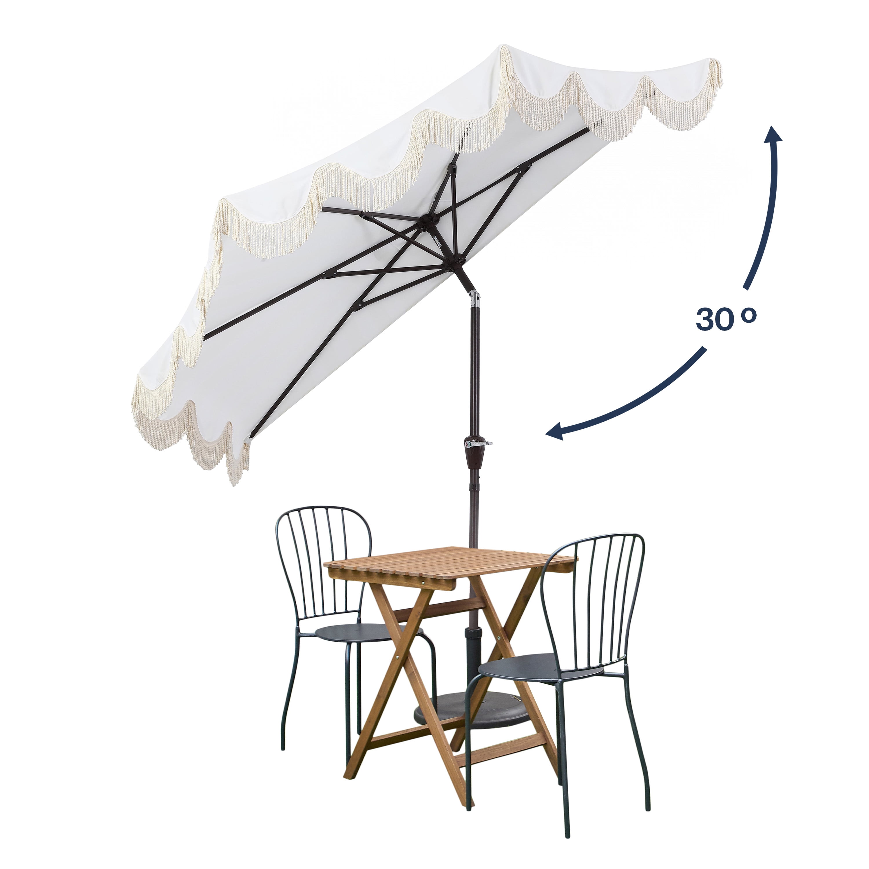 JONATHAN Y Beverly 9 ft. Half Market Patio Umbrella, Designer Classic Scalloped Fringe with Crank, Tilt Button and UV Protection, Cream/White, Dark Brown Pole