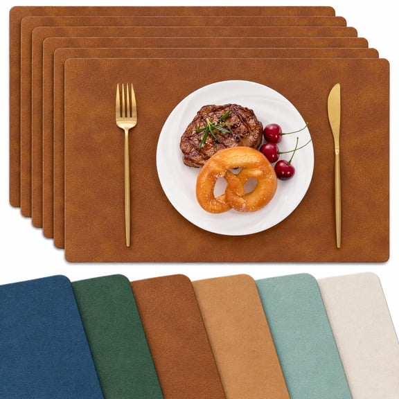 Heat Resistant Vinyl Faux Leather Placemats, Set of 6,Brown Waterproof Oil-proof Table Place Mats, Non Slip, Wipeable, Reversible, for Kitchen, Dining, Party, 17"x12"