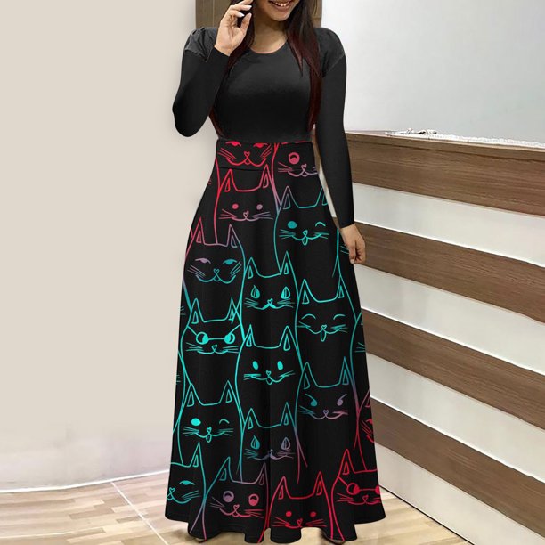 ICHUANYI Clearance Women's Fashion Printed Long Sleeve Round-neck Pullover Patchwork Dress(Black, S) ICHUANYI WER2023081511201