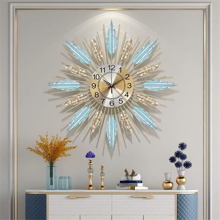 Modern Large Wall Clock Mid Century Crystal - 23 Sunburst Metal Leaf Decorative Clock with Silent Non-Ticking Movement for Living Room, Bedroom, and Home Decor (Blue & Gold)