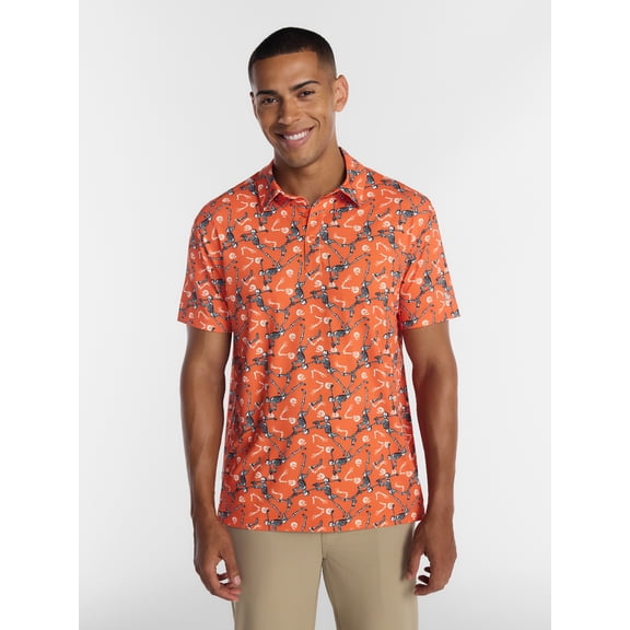 Birdie Bound Halloween Spooky Skeleton Print Golf Polo Shirt, Men's Sizes S-4XLT