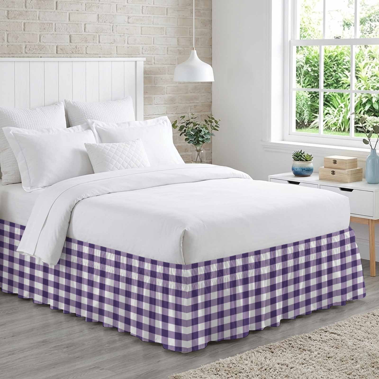 Purple Checkered Bed Skirt Queen Size, Farmhouse Buffalo Plaid Wrap Around Bed Skirting with Adjustable Elastic Strap, Dust Ruffle Pleated Bedskirts 18 Inch Drop for Bedroom Queen Beds