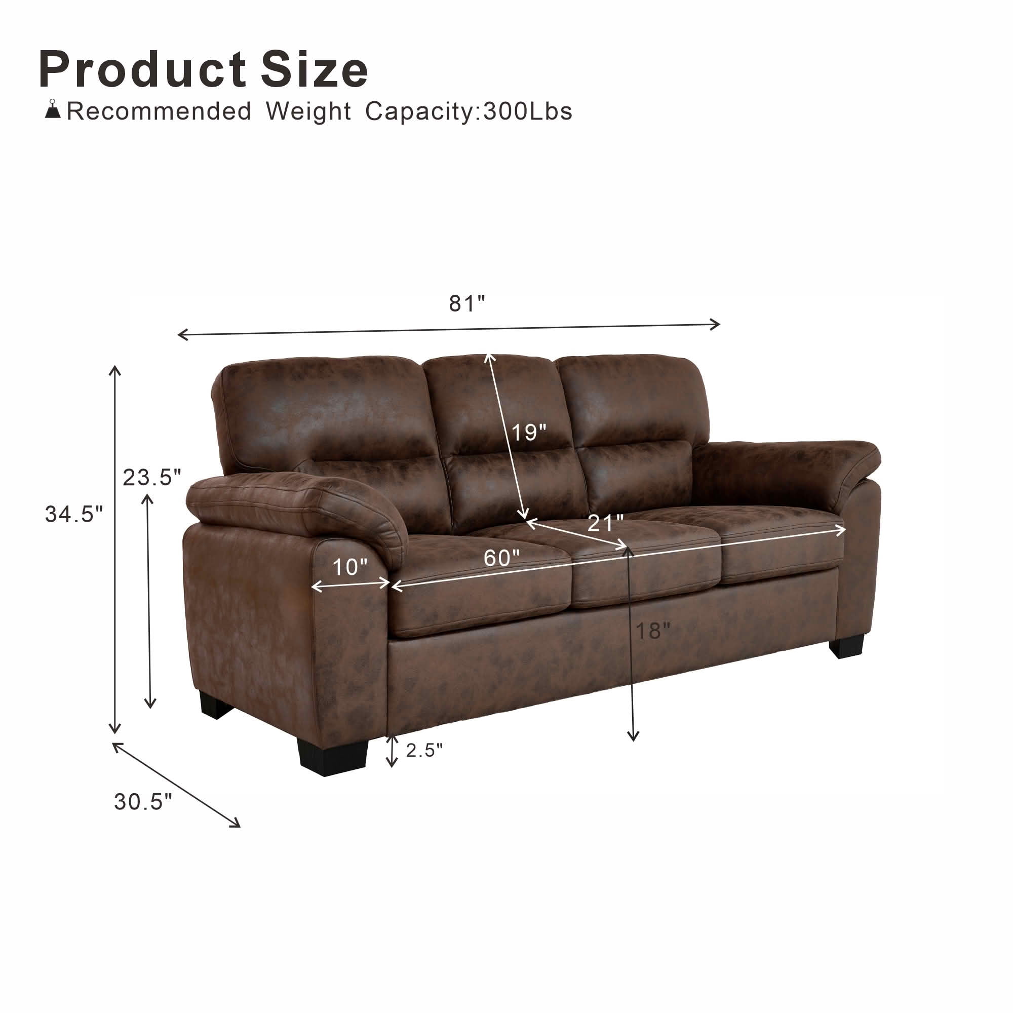 MAYEERTY 81 Inch Modern 3‑Seater Upholstered Sofa, Comfy Couch with Padded Armrests, Black Legs for Living Room