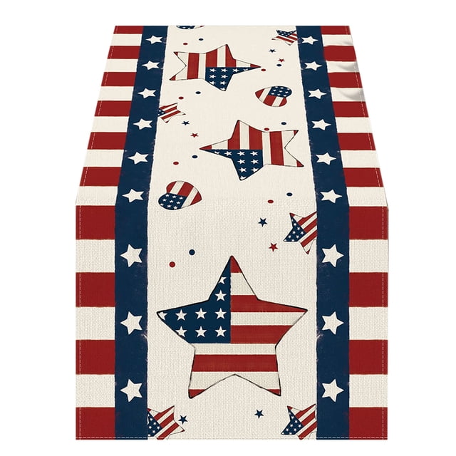 Patriotic Table Runner, Washable Holiday Table Decor for 4th of July, Memorial Day, Veterans Day, Kitchen and Dining Room, Polyester Stars and Stripes Pattern