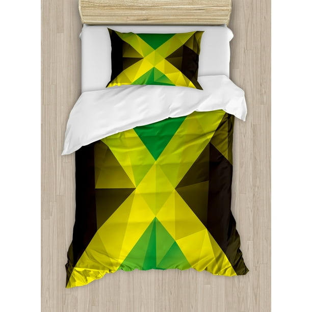 Jamaican Duvet Cover Set Twin Size, Triangular Polygon Design Abstract