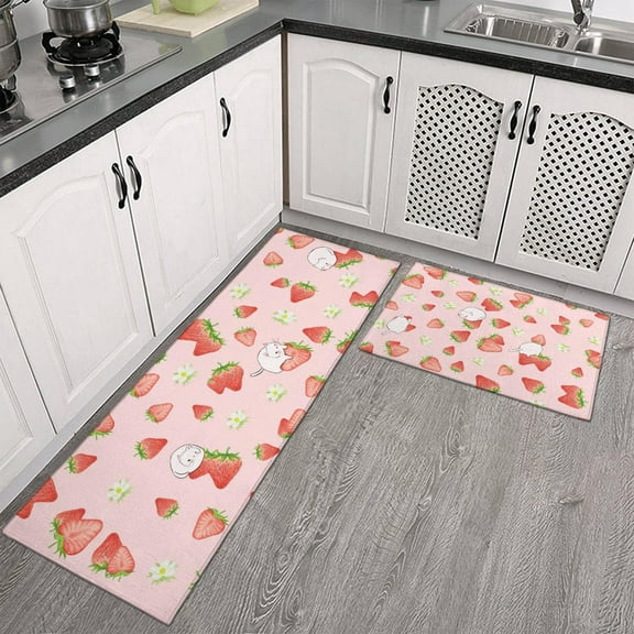 Strawberry Cat Kitchen Mats Set 2 Piece Pink Cat Strawberry Printed Decorative Rugs for Kitchen Low-Profile Strawberry Floormat Set of 2 Modern Heavy