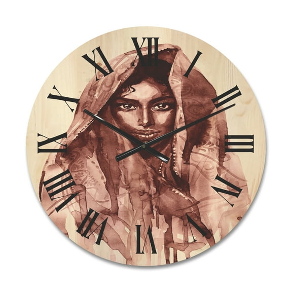 Designart 'Black and White Portrait of Young Indian Woman II' Modern Wood Wall Clock
