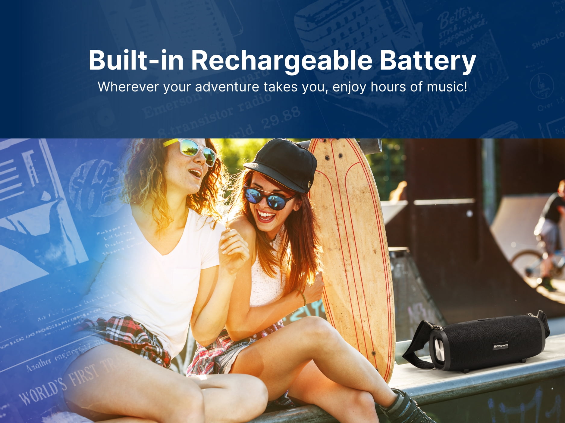Emerson EAS-3000 Portable Bluetooth Speaker with Carrying Strap, Black