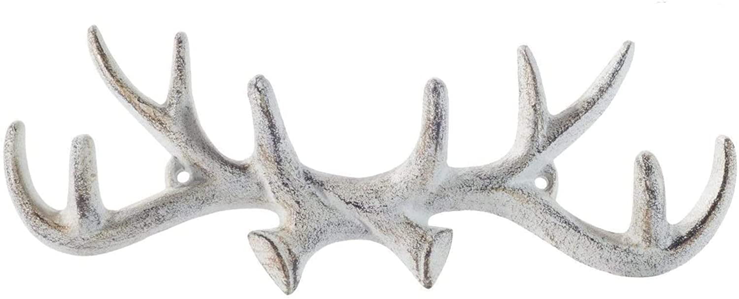 Comfify Vintage Cast Iron Deer Antlers Wall Hooks Antique Finish Metal Clothes Hanger Rack w/Hooks in Antique White| Antlers Hook CA-1507-25 Includes Screws and Anchors 