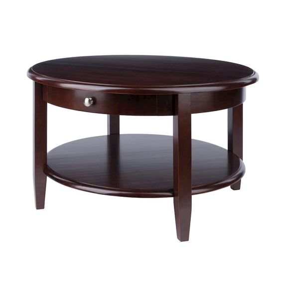 FurniFact Round Coffee Table with Drawer & Shelf, Walnut Finish