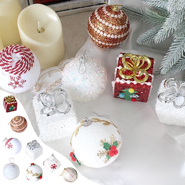Adornos navideños de espuma en pack de 3 • Dorado, rojo blanco • 3 tallas 2,5-3,9 pulgadas • Con cordón colgante • Decoración ligera para árbol festivo