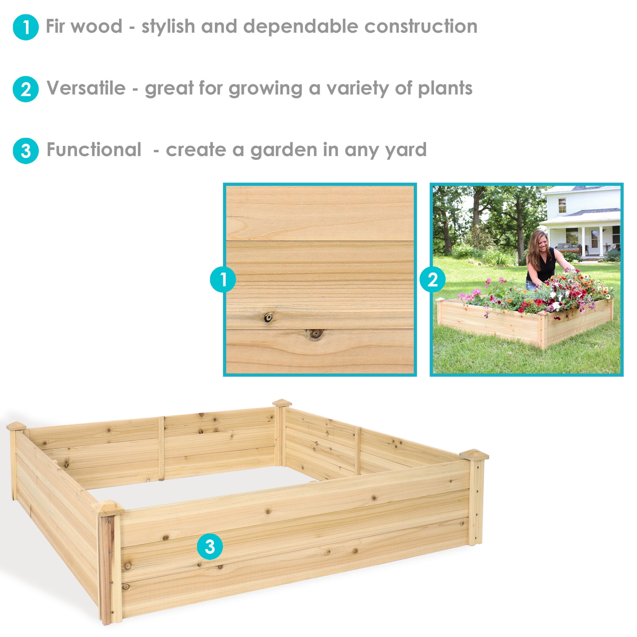 Sunnydaze 48" x 48" x 12" Square Natural Wooden Outdoor Raised Garden Bed