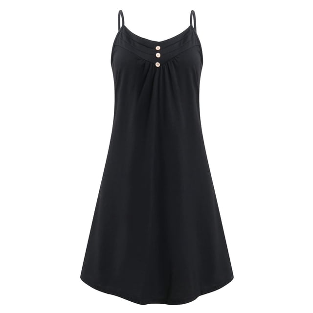 Innerwin Strappy Slip Dresses Spaghetti Strap Ladies Short Mini Dress Party Button Baggy Swing A-Line Sundress Black XL