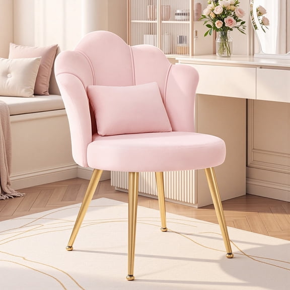 FASTES Vanity Chair, Petal Vanity Makeup Chair Thick Cushion Comfy Velvet Home Office Desk Task Chair with Lumber Support for Living Room Dorm, Pink