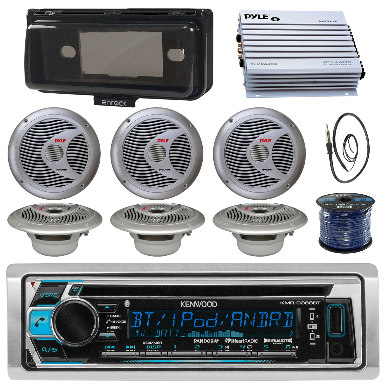 Kenwood KMRD372BT Marine Boat Audio Bluetooth CD Player Receiver W/ Protective Cover - Bundle Combo With 6x Silver 6.5'' 150W Waterproof Stereo Speakers + Enrock Antenna + 400W Amplifier + 50-FT Wire