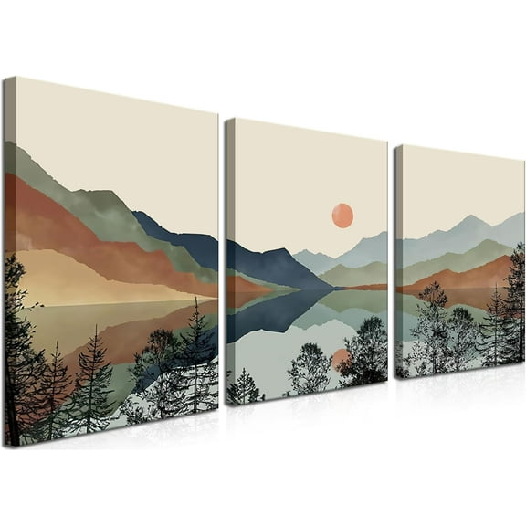 FCCUYE d Mountain Canvas Wall Art Set of 3, Boho Watercolor Poster Prints Painting, Sun Forest Abstract Nature Landscape Artwork Wall Decor for Living Room, Bedroom, Office 12x16 In