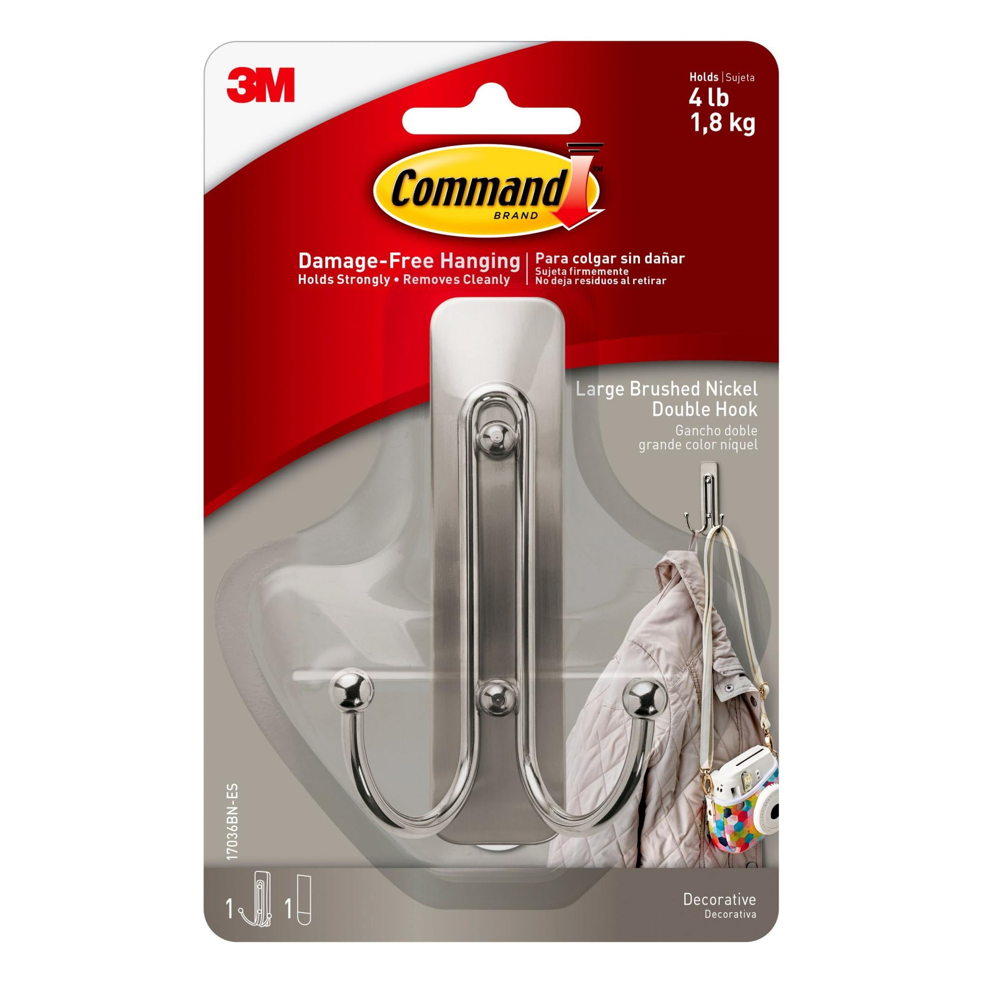Command Large Brushed Nickel Double Hook, 1 Hook, 1 Strip