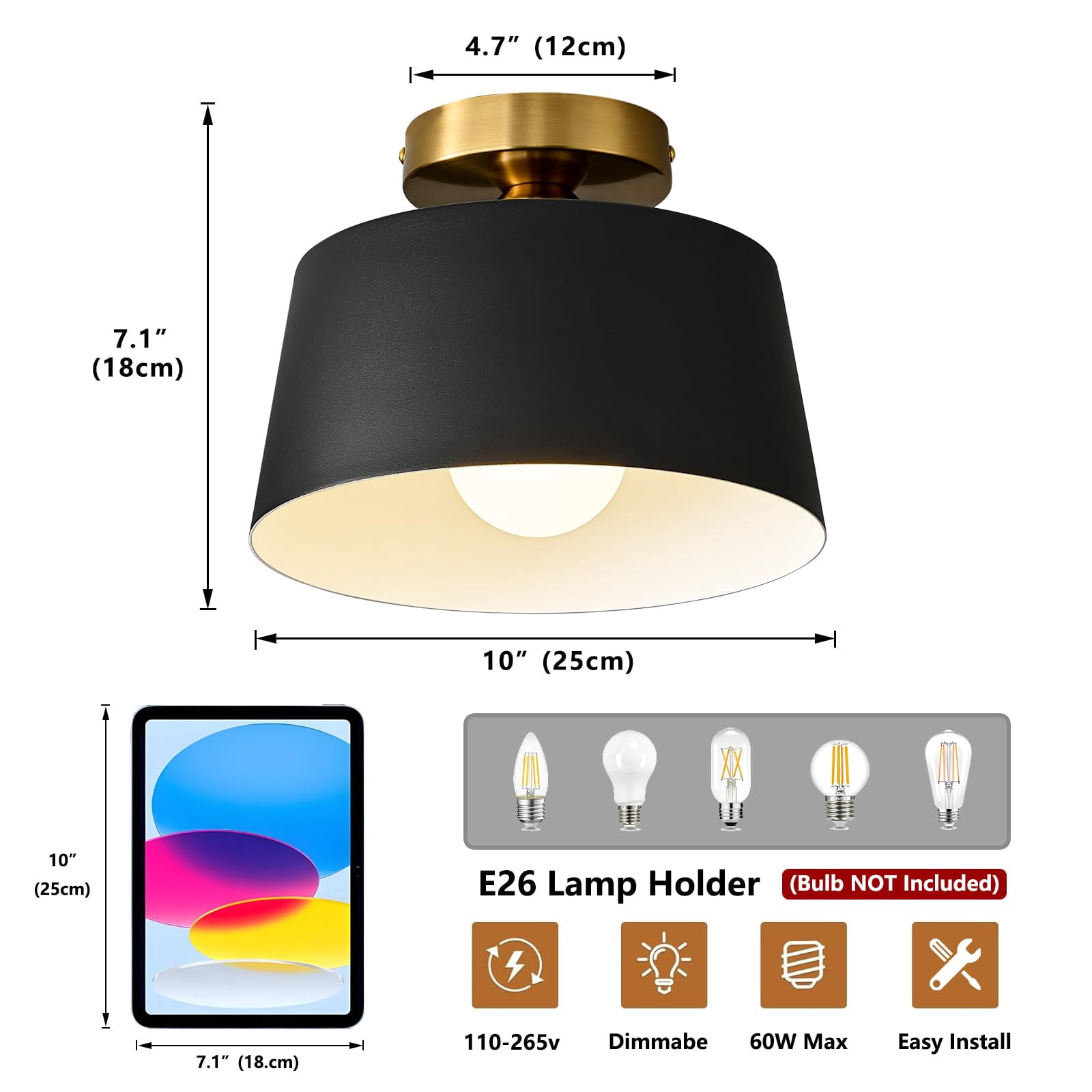 Modern Semi Flush Mount Ceiling Light 2 Pack,Metal Ceiling Light Fixture,E26 Ceramic Lamp Head,Black and Gold Ceiling Lamp for Hallway Kitchen Entryway Bedroom Laundry Room