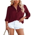 thumbnail image 3 of PENGXIANG Women Button Down Satin Shirts  Long Sleeve Lapel Solid Color Relaxed Fit Office Work Blouse, 3 of 4