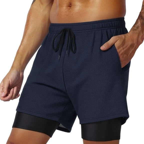 Hurxie Men's 2 in 1 Workout Running Shorts 5" with Pockets Quick Dry Gym Athletic Shorts with Compression Liner Dark Blue,XL