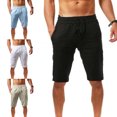 thumbnail image 3 of zeranth Men Shorts Solid Color Breathable Cotton Linen Drawstring Mid Rise Short Pants Knee-length Shorts for Running, 3 of 7