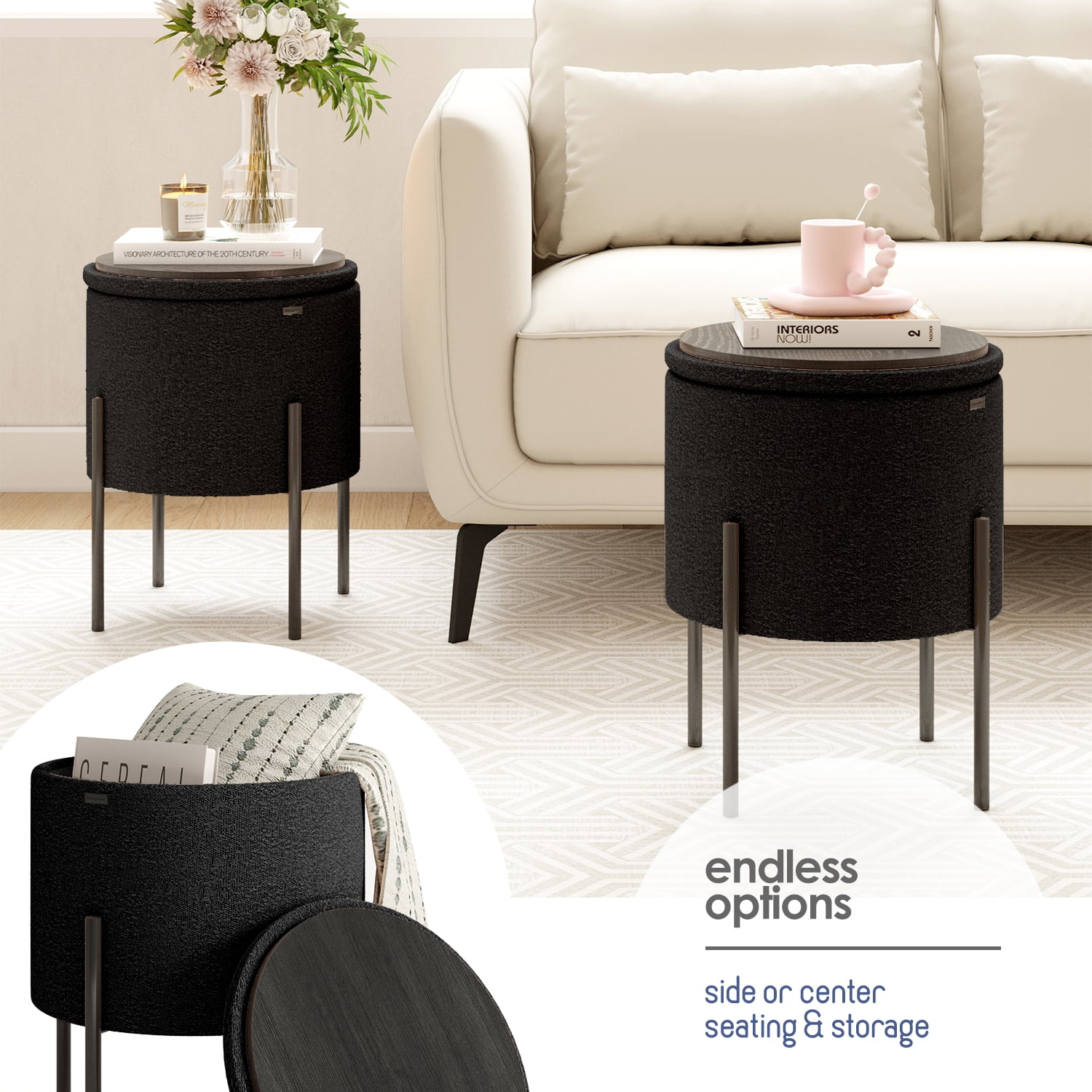 LammaLoe Small Round Ottoman with Storage, Boucle Ottoman Foot Stool with Lid, Upholstered Vanity Stool for Living Room & Bedroom, Black