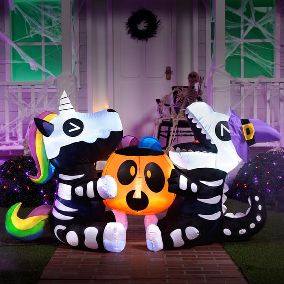 Joiedomi Decoraciones inflables de Halloween de 6 pies de largo para exteriores, explosiones de Halloween para decoraciones de patio, esqueleto inflable sentado unicornio y dinosaurio con calabaza par