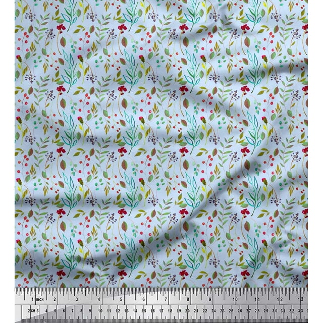 Soimoi Blue Poly Georgette Fabric Red Berries & Beech Leaves Printed Fabric 1 Yard 52 Inch Wide