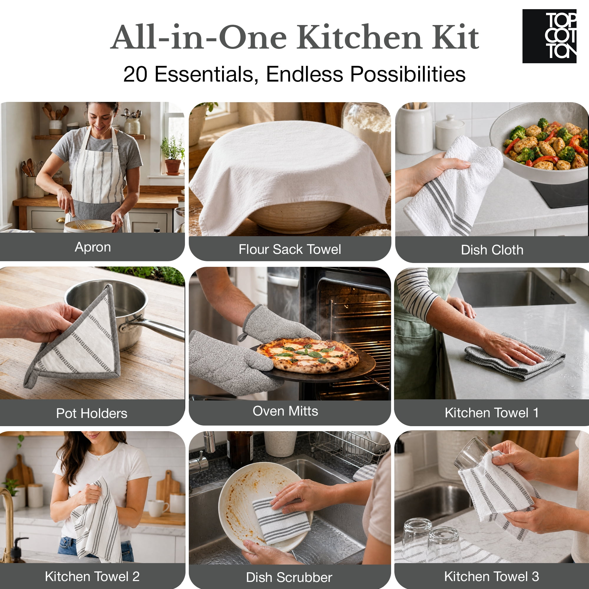Top Cotton 20 Piece Kitchen Linen Set, Cotton Kitchen Towels, Dishcloths, Apron, Oven Mitts and Pot Holders (Ash Gray)