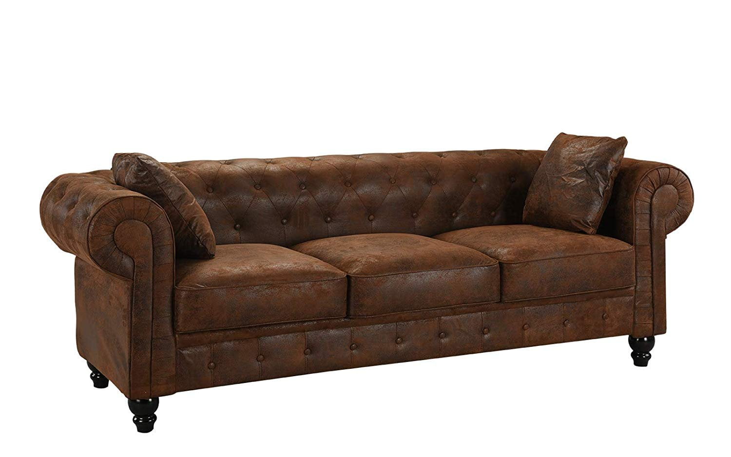 Large Chesterfield Tufted Leather Sofa Scroll Arm Distressed Couch Dark Brown