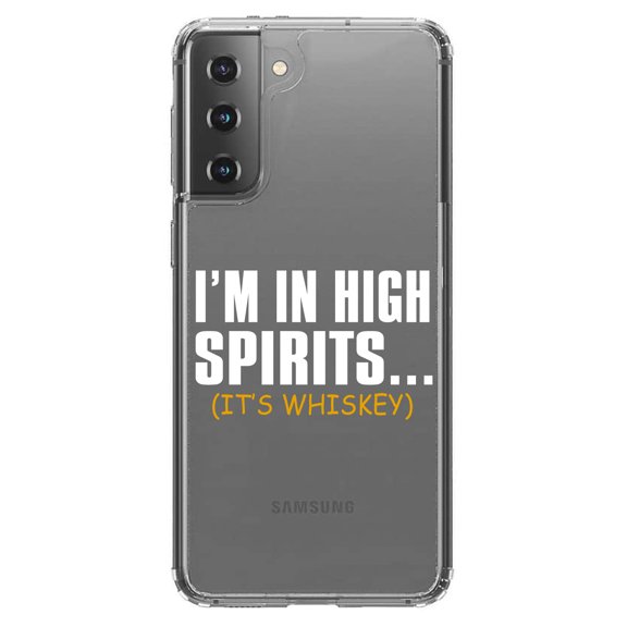 DistinctInk Clear Shockproof Hybrid Case for Galaxy S21  PLUS 5G (6.7" Screen) - TPU Bumper Acrylic Back Tempered Glass Screen Protector - I'm in High Spirits (It's Whiskey)
