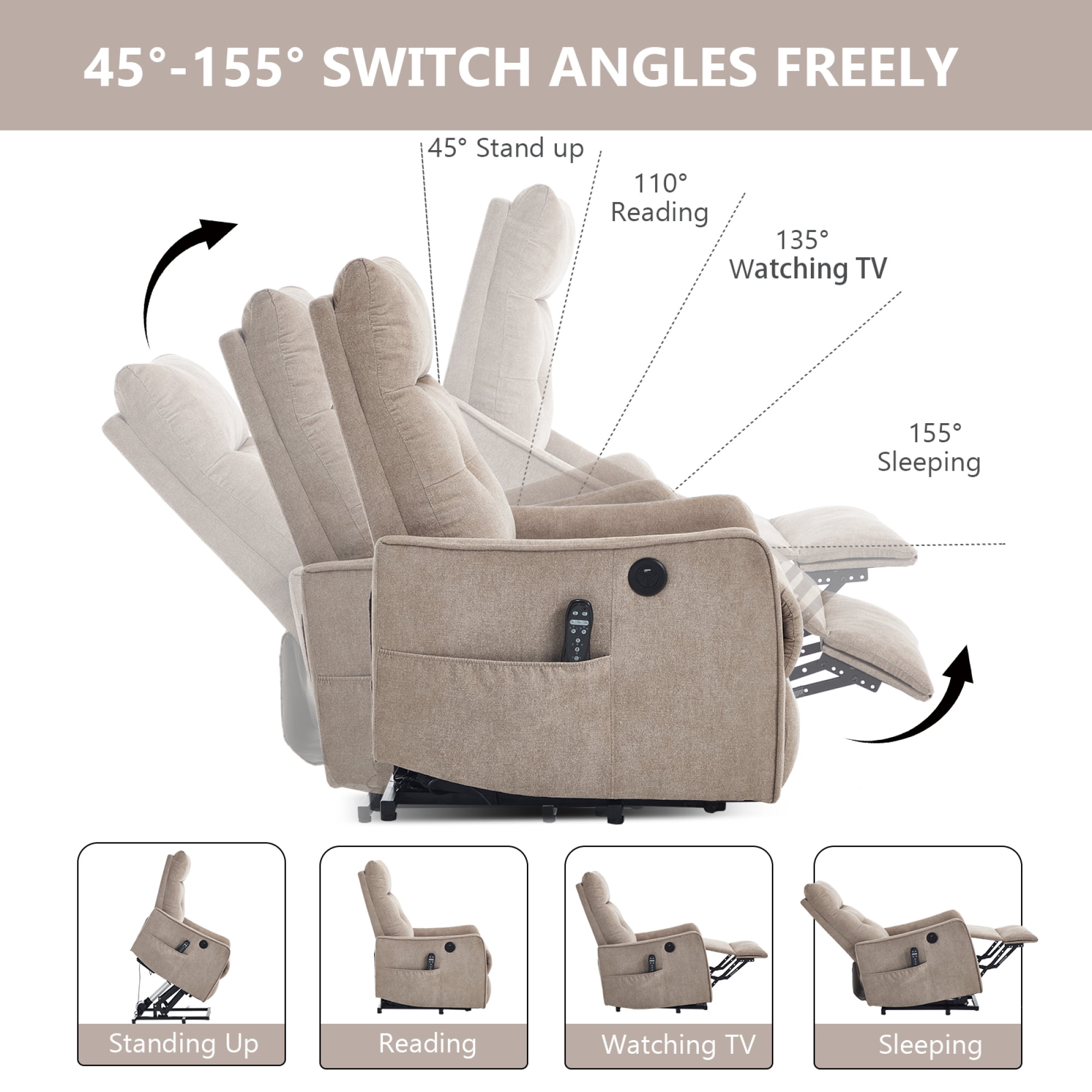 Leumius Power Lift Recliner Chair with Massage and Heat for Elderly,Heavy Duty Electric Reclining Chair with Side Pockets,USB Charge Port for Living Room,Khaki+Chenille