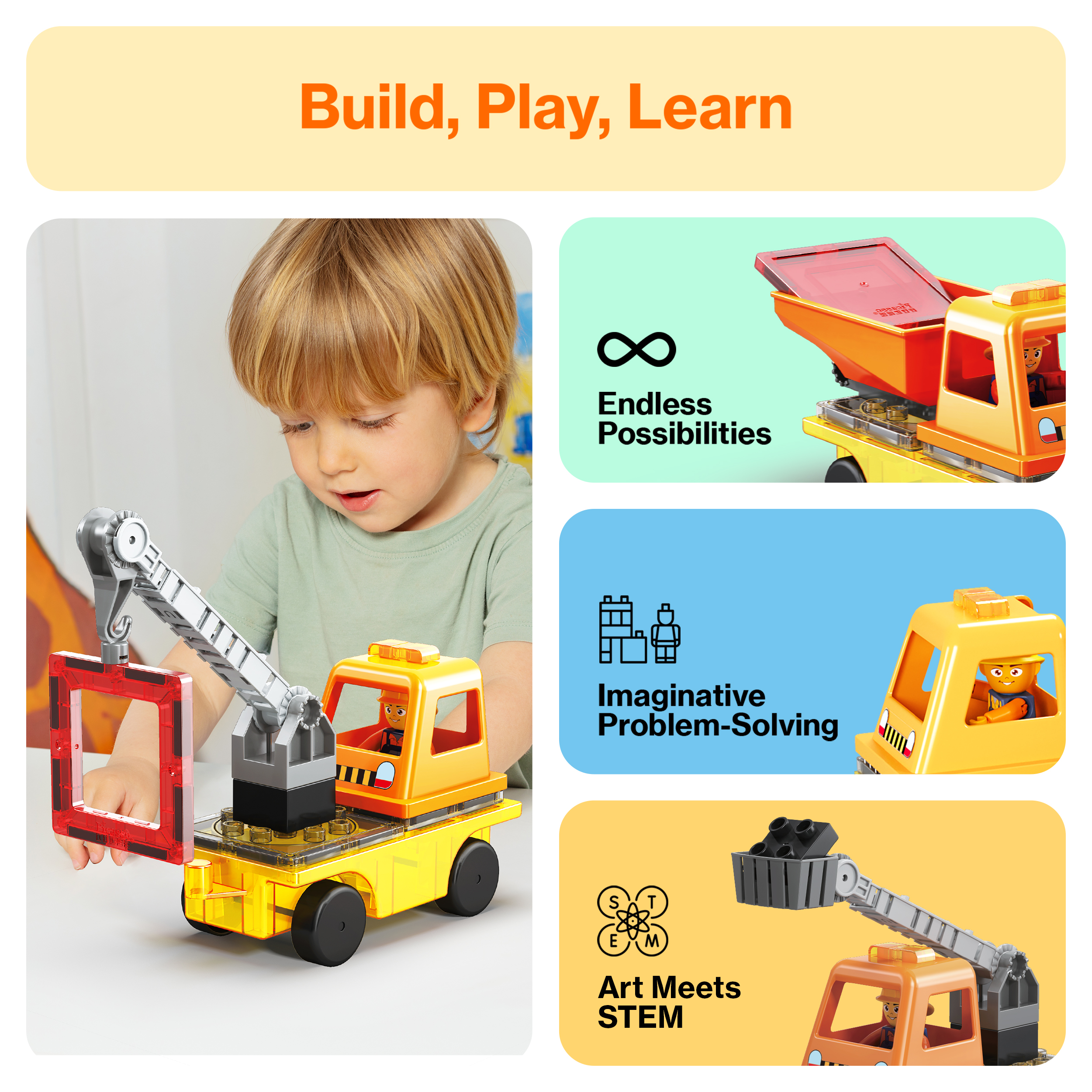 PicassoTiles 3-in-1 Construction Vehicle with Magnetic Tiles, 15 Pieces photo 4