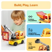 PicassoTiles 3-in-1 Magnet Tile Building Blocks – Crane, Dump Truck & Ladder Construction Vehicle with Car Base, STEM Toy for Kids