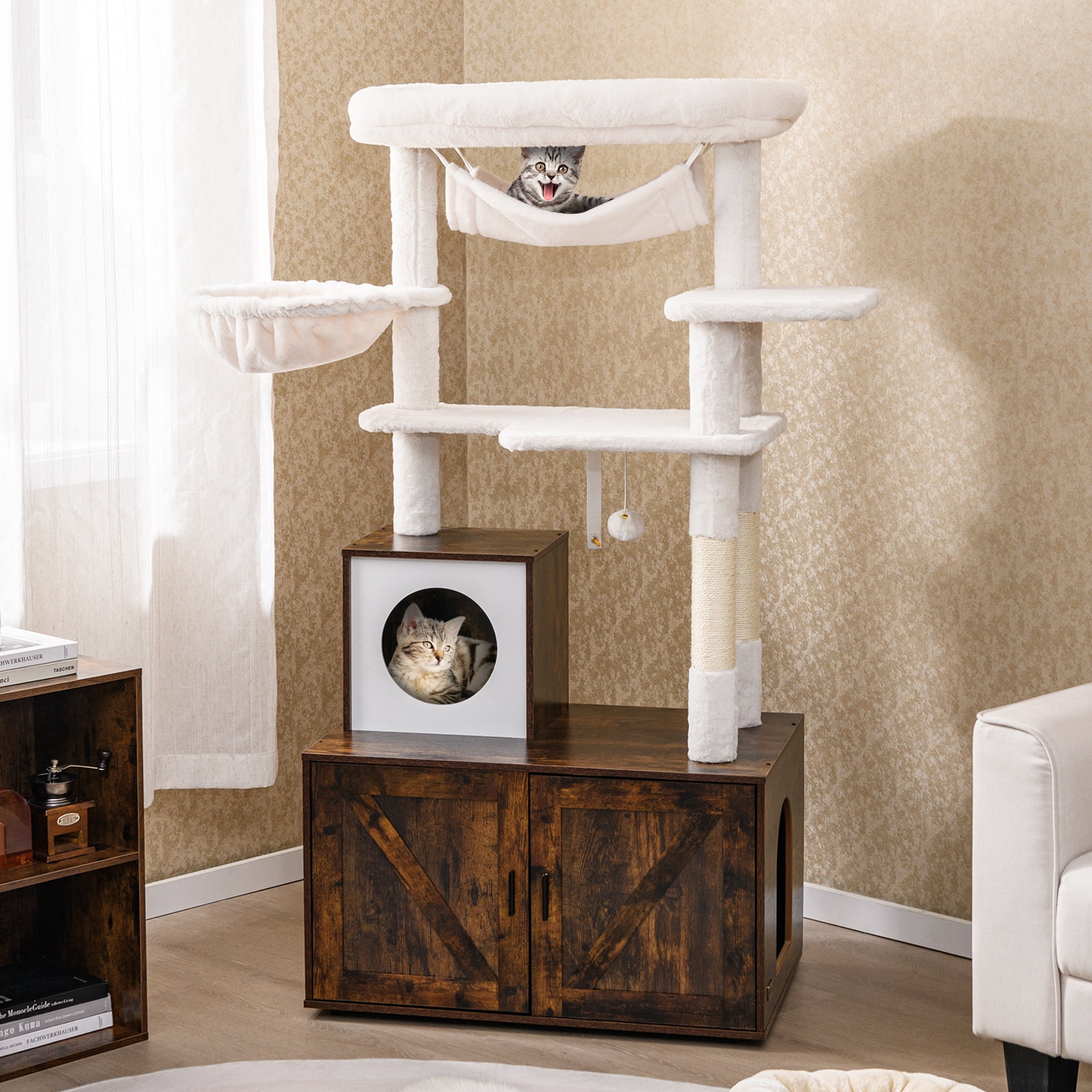 Gymax 59 inch Cat Tree w/ Litter Box Enclosure w/ Hidden Washroom Scratching Posts