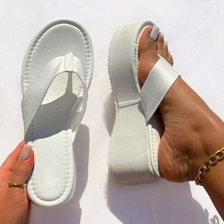 

HIBRO Ladies Fashion Solid Color Fabric Flip Flops Comfortable Platform Wedge Sandals