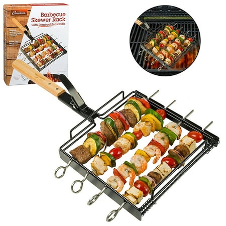 Barbecue Skewer Rack Set w Removable Handle - Barbeque Shish Kebabs, Meat, Vegetables, &