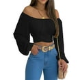 thumbnail image 3 of Lantern Sleeve Woman Off Shoulder Ruched Tie Back Crop Top Summer Boho Shirt Blouse, 3 of 5