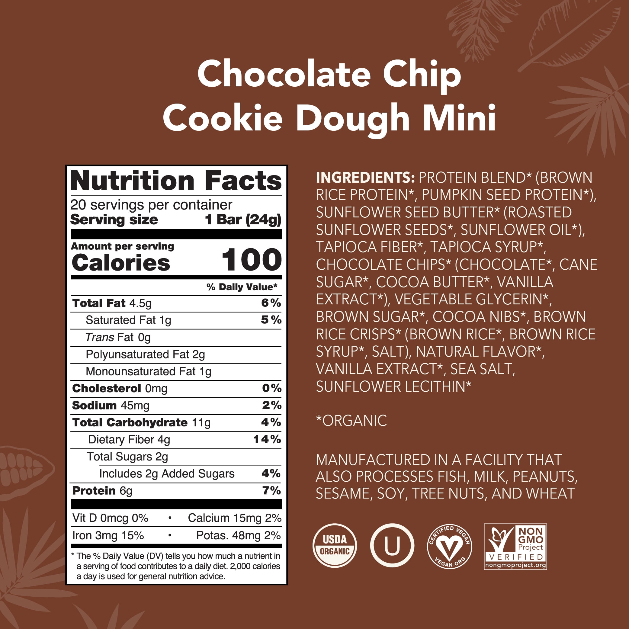 ALOHA, Plant Based Protein Mini Bars, Chocolate Chip Cookie Dough (Pack of 20)