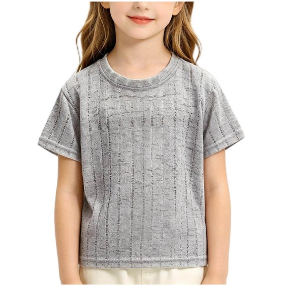 Zpanxa Kids Shirts Smocked Crew Neck Short Sleeve Solid Color Lightweight Breathable Summer Casual Tee