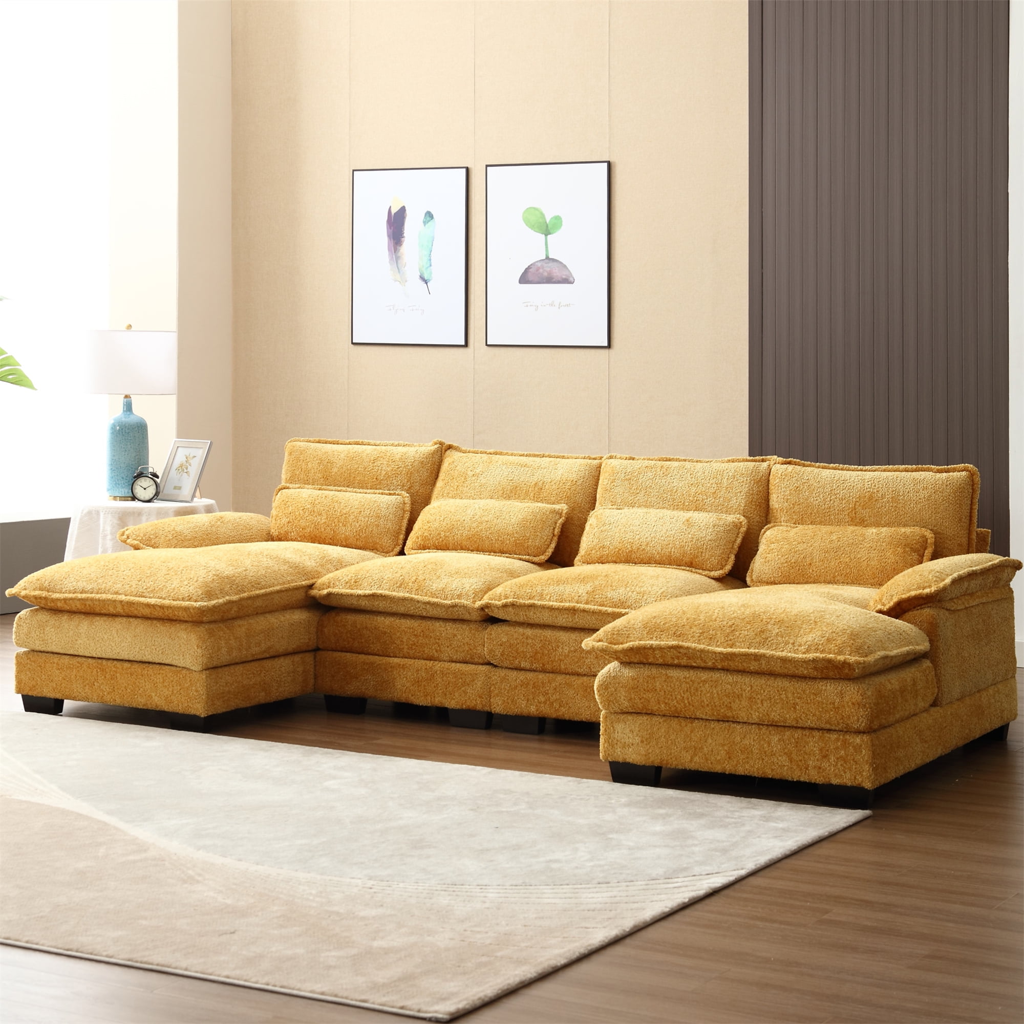 Aukfa 110in U-Shape Sectional Sofa Mustard Boucle with 4